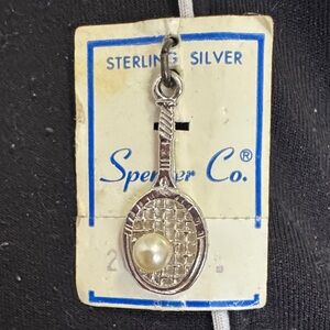Sterling Silver Tennis Racket Charm with Pearl Accent